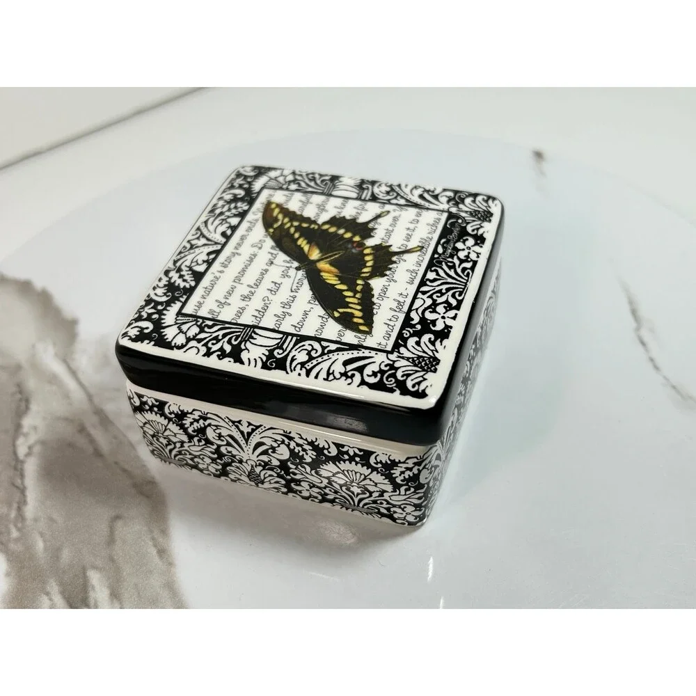 Swallowtail Butterfly ceramic Trinket Jewelry Box Black and White Demdaco